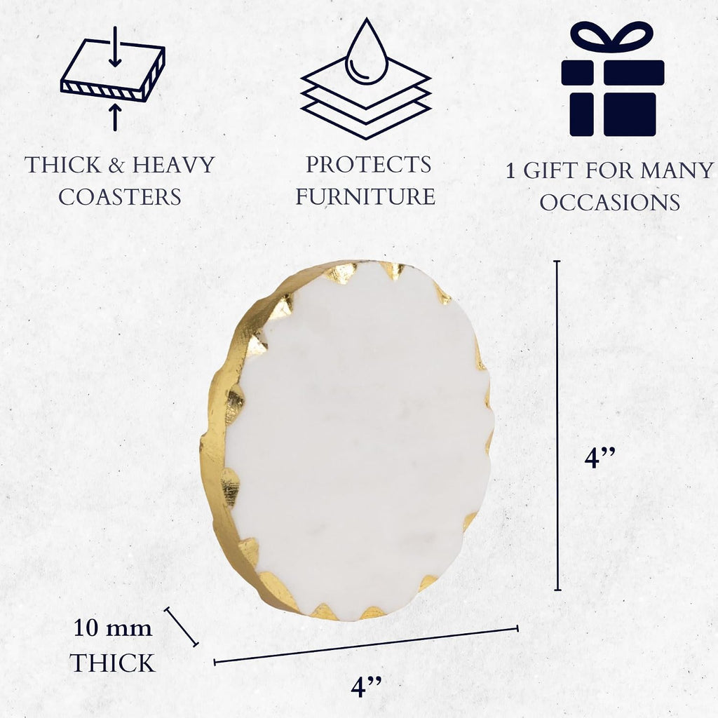 Real Marble Coasters with Golden Borders, decoratice White & Gold Coasters for Desk, Coffee Table | Thick & - Set of 6