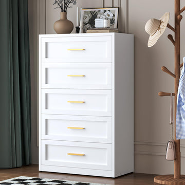 White Metal Dresser with 5 Spacious Drawers, Modern Chest of Drawers with Gold Handles, Metal Chest of Drawers