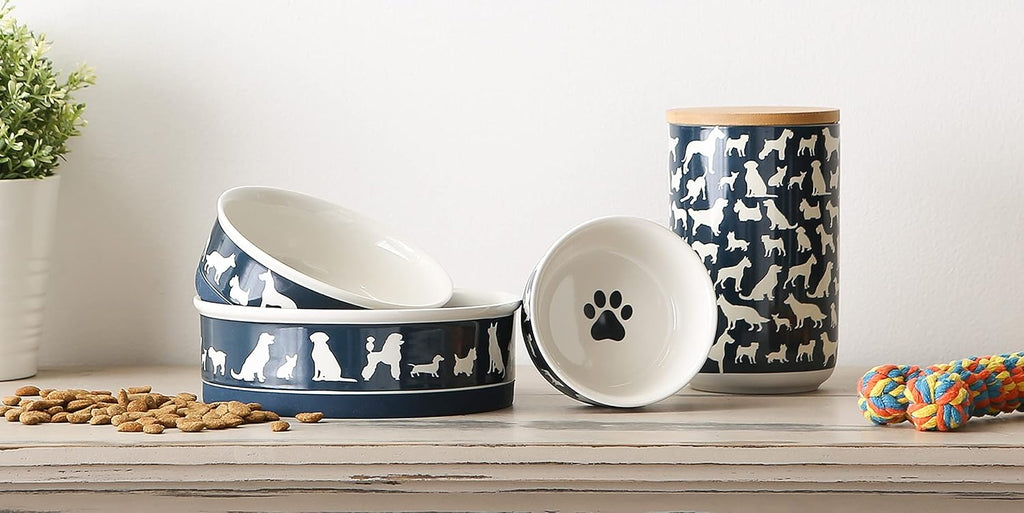 Ceramic Treat Jar for Cats and Dogs, Bamboo Lid, Dishwasher Safe Canister, 4x6.5", Navy, Cat Treats
