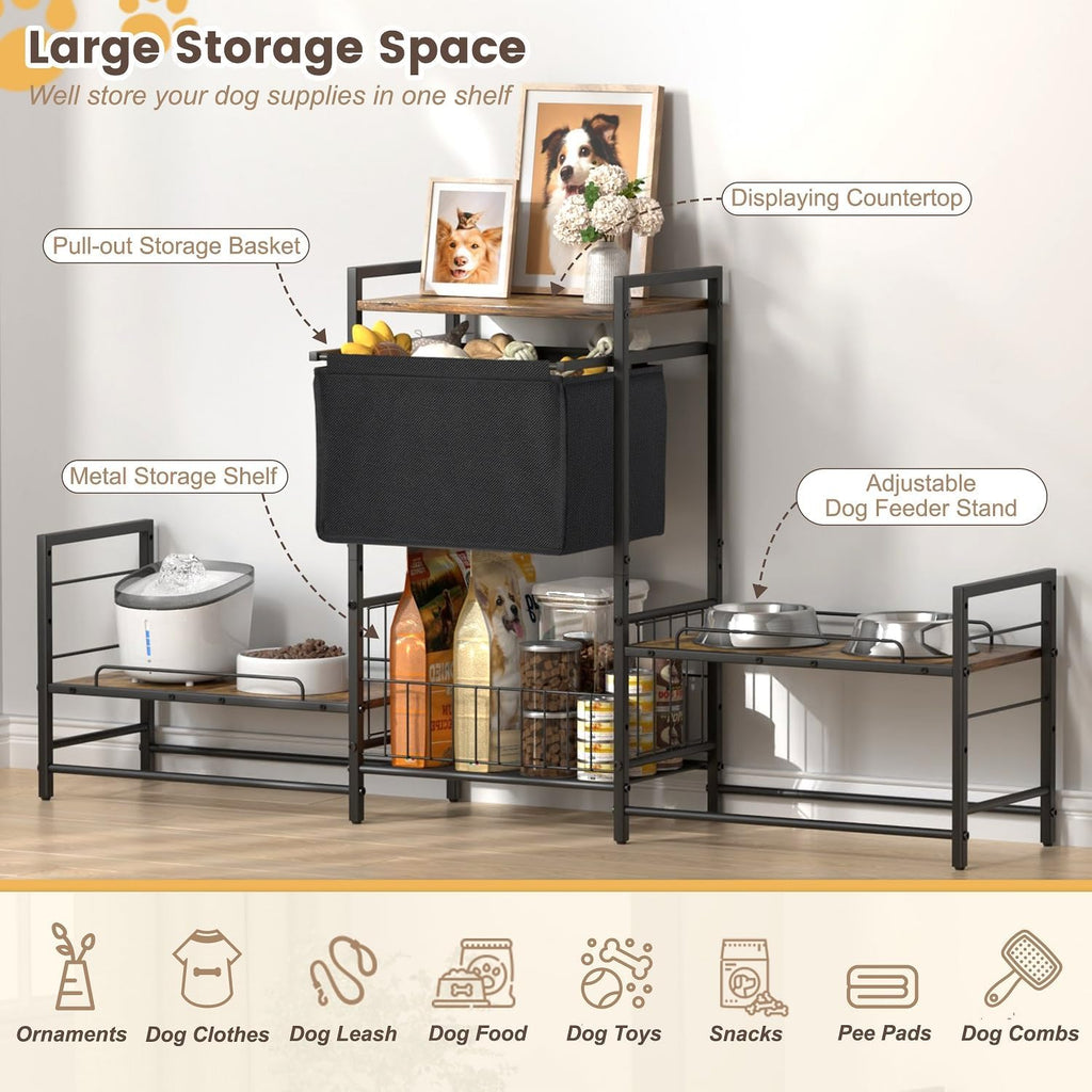 Dog Feeding Station with 2 Elevated Bowl Stands & Large Storage