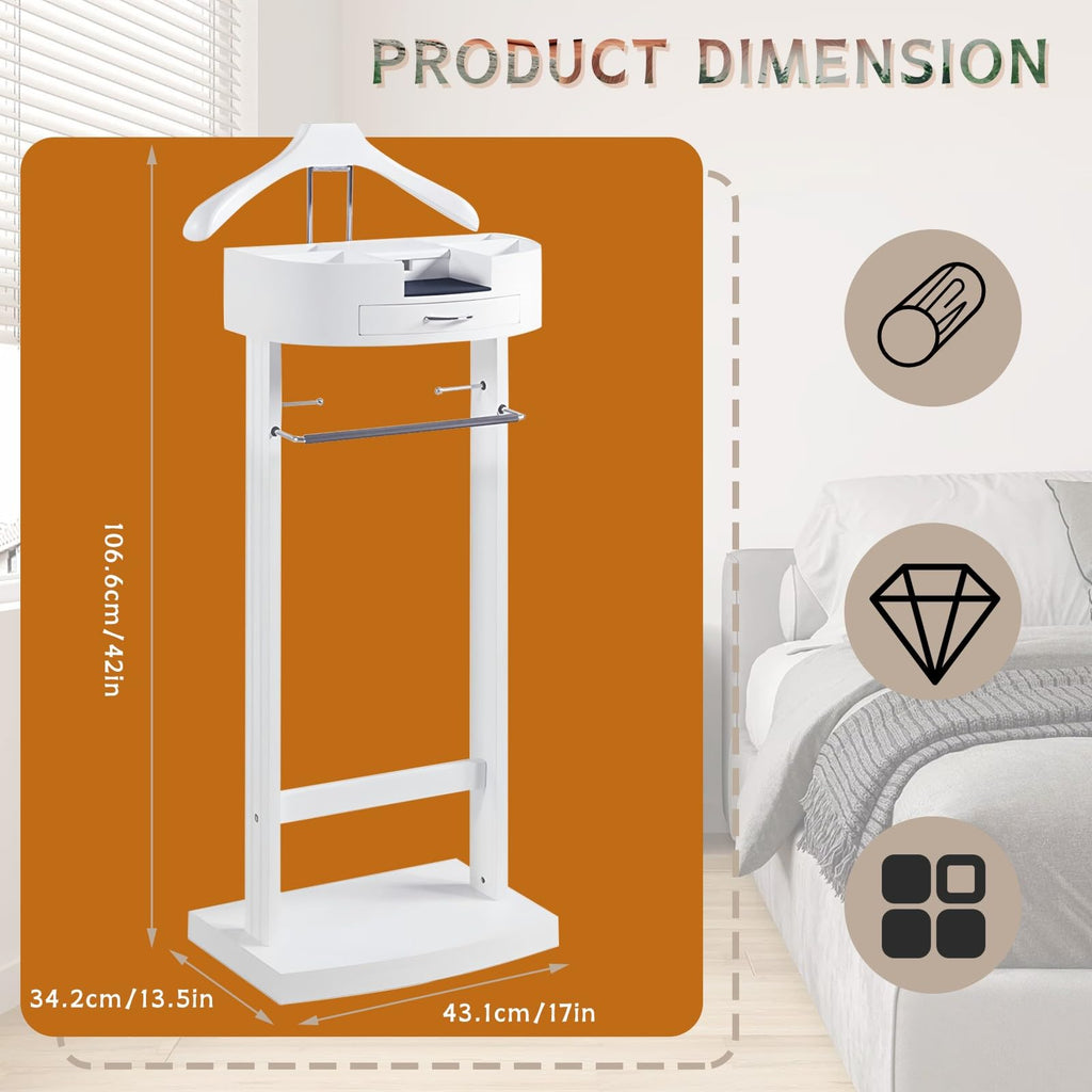 Wood Valet Stand with Drawers, White Men's Valet Stand with Sturdy Base, Suit Valet Stand, Load Capacity 50kg