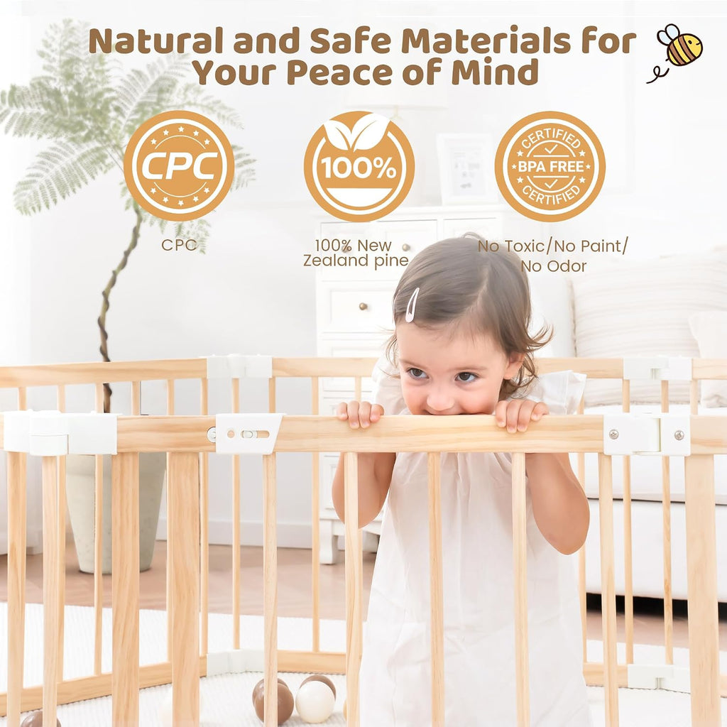 GGF Wooden Baby Playpen Foldable Play Yard with Gate 86"x58" Natural Wood