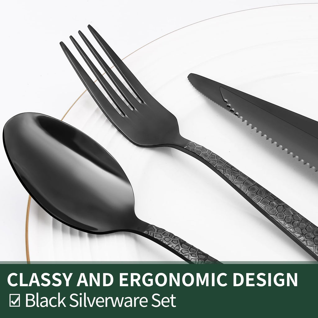 24-Piece Black Silverware Set with Steak Knives, Black Flatware Set for 4, Food-Grade Stainless Steel Tableware