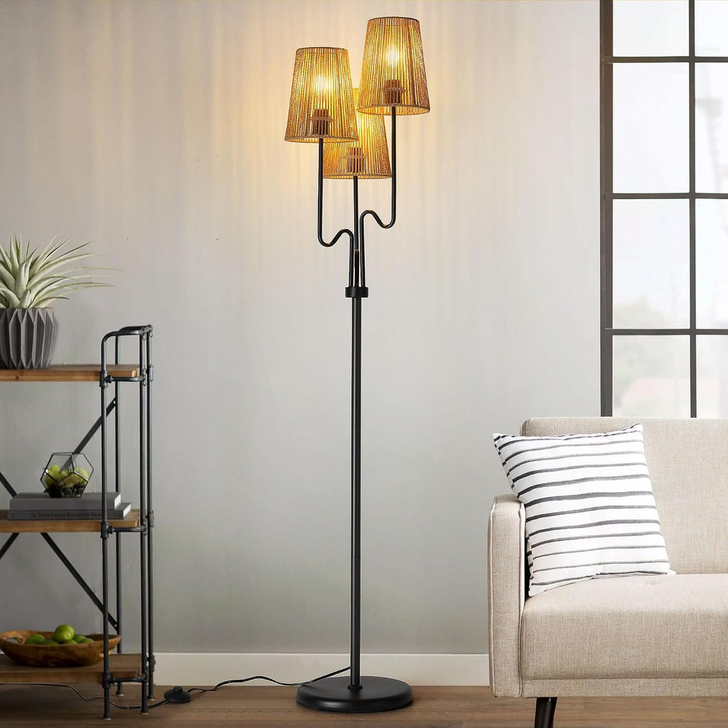 Boho Floor Lamp, 68in. Rattan Floor Lamps with Rattan Shade,3 Light Tree Standing Lamp,E26 Socket, Living Room Floor