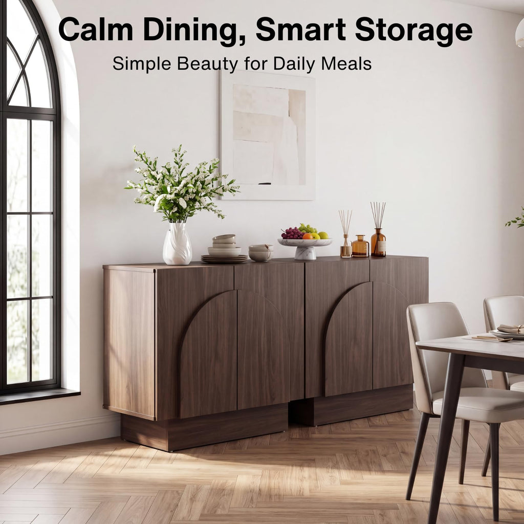 Walnut Sideboard Buffet Cabinet with Storage, 31.5" Modern Sideboard Cabinet with Arched Doors & Shelf, Farmhouse