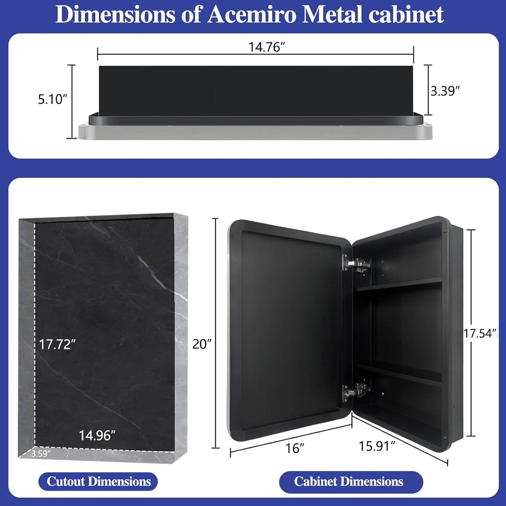 16" x 20" Bathroom Medicine Cabinet with Mirror Door, Brushed Nickel Stainless Steel Frame, Recessed or Surface