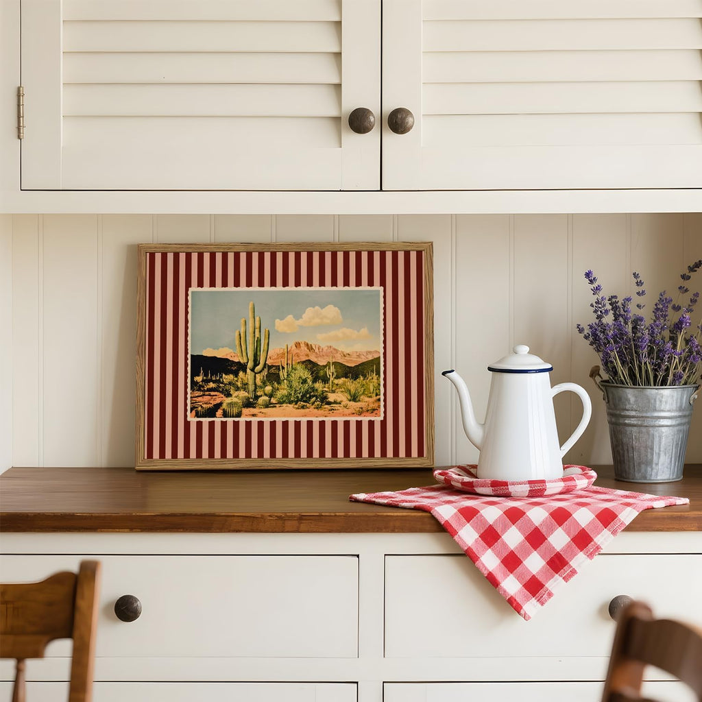Framed Vintage Western Nature Landscape Wall Art Set of 3, Striped Postcards Southwest Desert Cactus Pictures Wall
