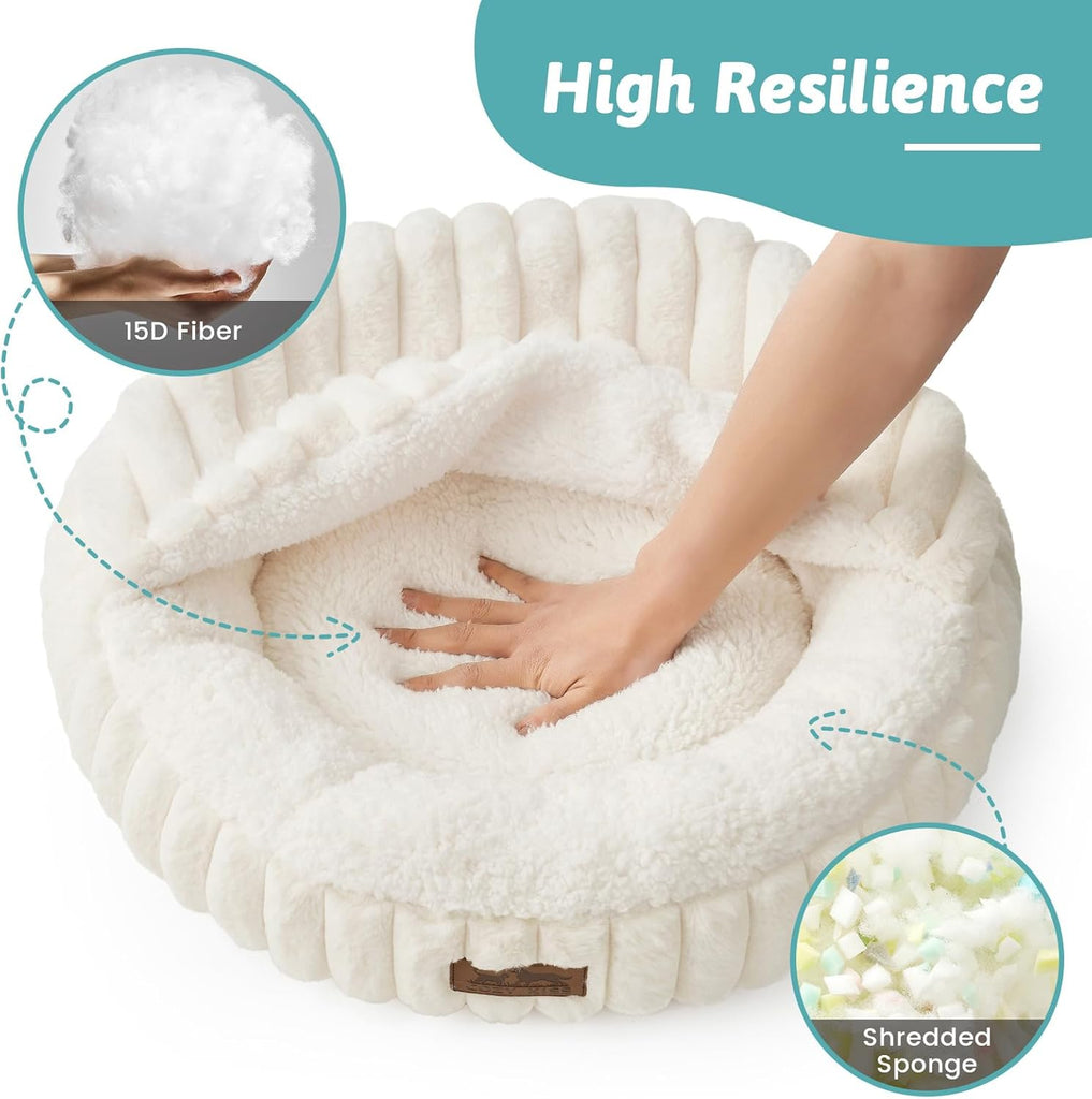 Hooded Blanket Cat Bed - Round Fluffy Donut Cuddler for Cats & Toy Dogs, Anti-Anxiety Faux Fur Pet Bed