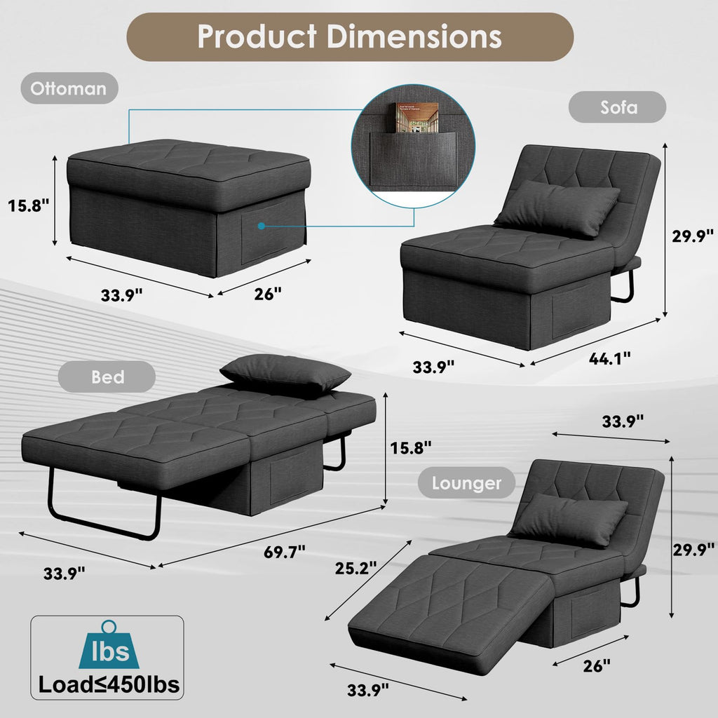 Ottoman Bed Sleeper, 34" Convertible Sleeper Chair Bed, Dark Grey