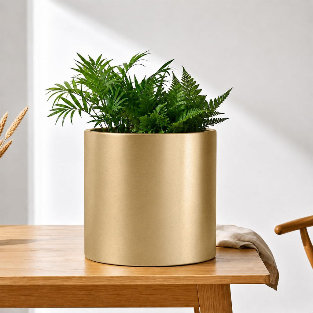 10 Inch Gold Metal Plant Pot with Drainage Hole, Indoor Outdoor