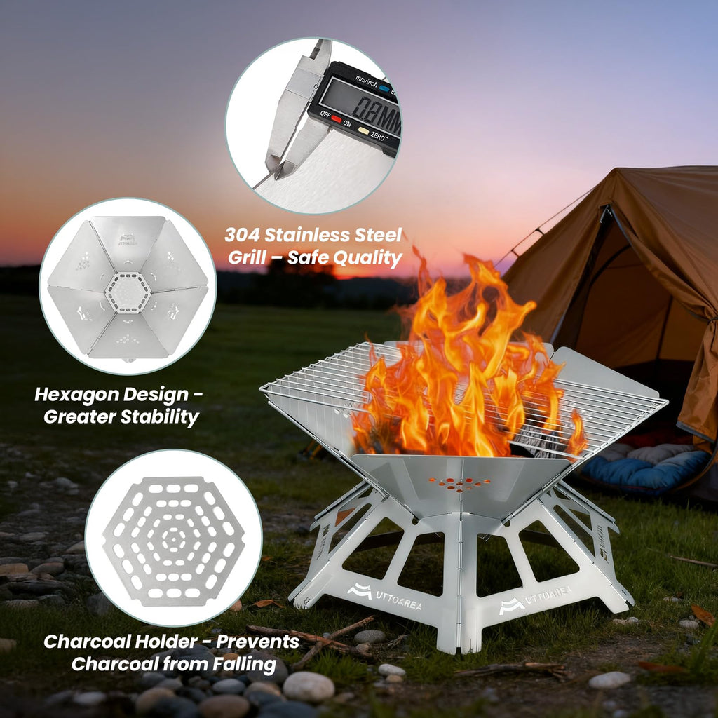 21" Portable Outdoor Fire Pit with Charcoal Grill Net & Storage Bag