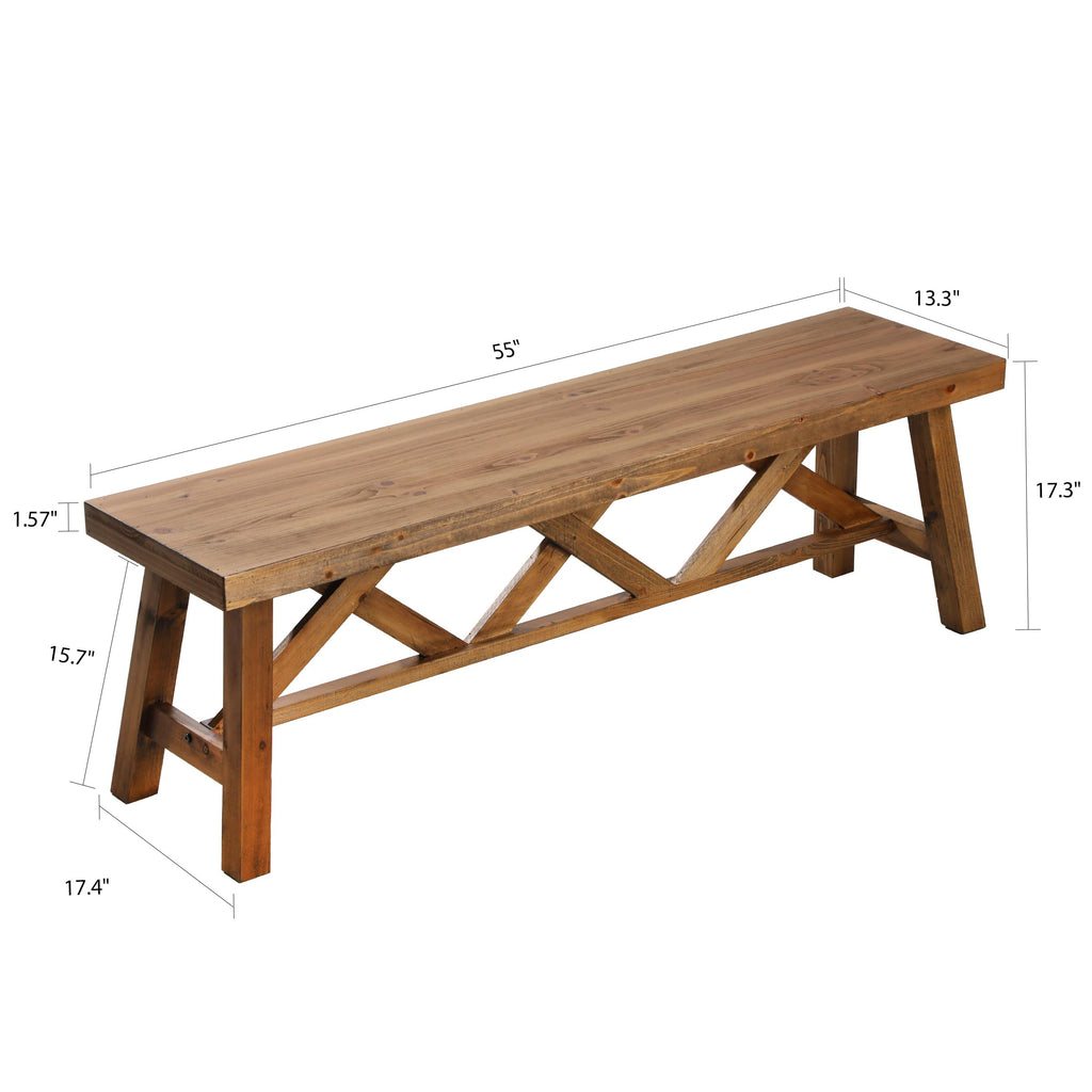 54" Farmhouse Solid Wood Bench, Rustic Entryway Bench, Natural