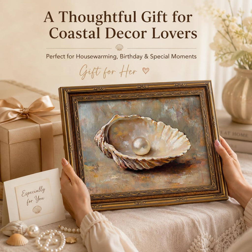 Vintage Gold Framed Oyster Shell Pearl Canvas Wall Art 12x16 Inch
