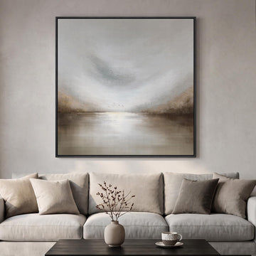 Extra Large Framed Neutral Gray Abstract Landscape Wall Art Decor, 48x48 In