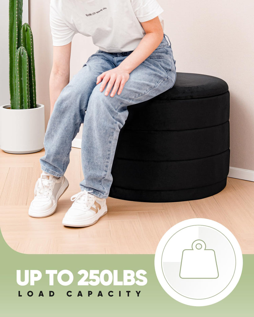 22.8" Round Velvet Storage Ottoman with Tray, Black