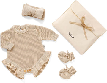 Cotton Newborn Set with Knit Sweater, Hair Band, Booties, Baby Girls