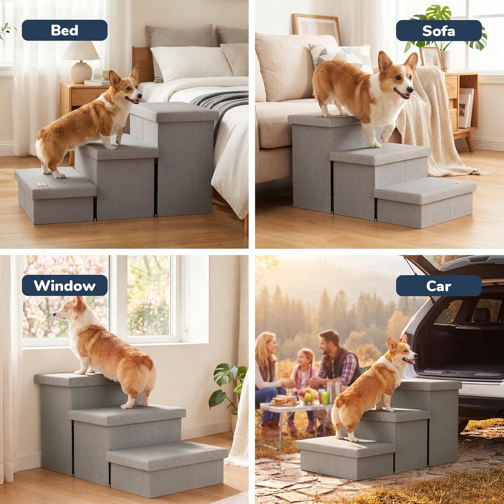 3-Step Dog Stairs for Large Dogs with Storage 18" H, Light Grey