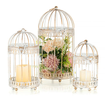 Decorative Candle Lanterns White, Distressed White Metal Bird Cage