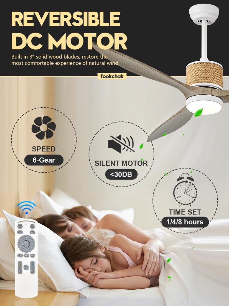60in Boho White Ceiling Fan Lights with Remote Control 3 Blade Hemp Rope Ceiling Fans with Light Coastal Weathered