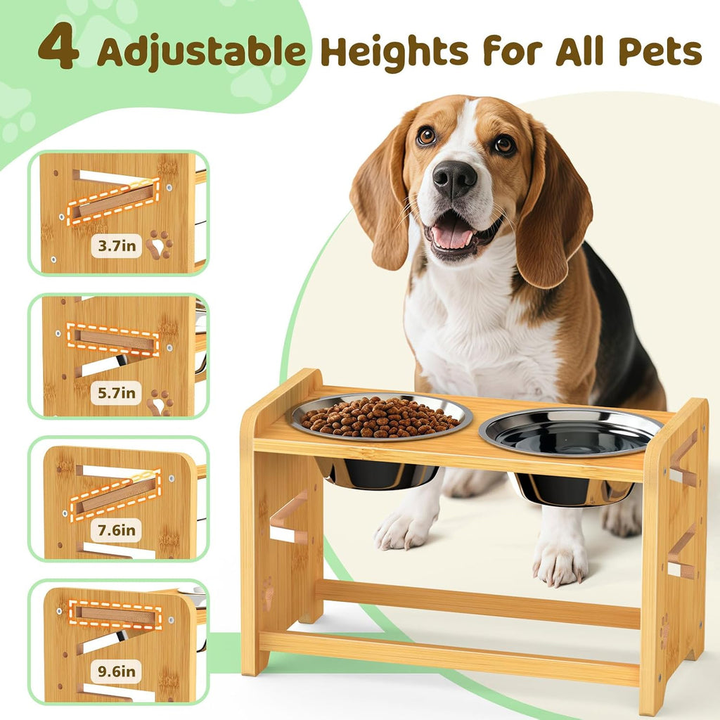 Elevated Dog Bowls, Adjustable Raised Dog Bowl Stand for Medium and Small Dog, 11" High Bamboo Pet Food Feeder with 2