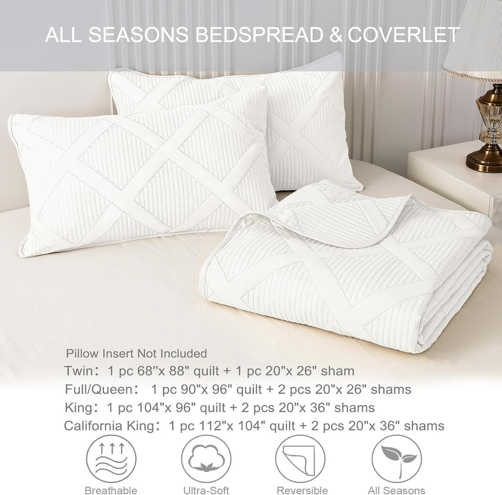 King Quilt Set- White Quilts Bedding Set with 2 Pillow Shams, Modern King Bedspread with Striped Pattern, Soft