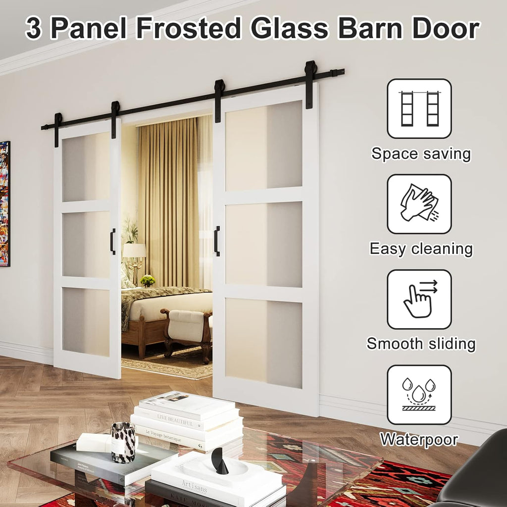 Double Sliding Barn Door,84in(Double 42”×84in Frosted 3 Panel Glass Barn Door,Water-Proof PVC Surfac