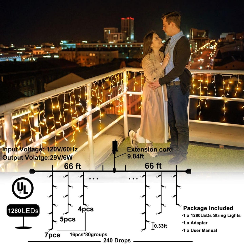 132ft Icicle Lights for Outside - 1280 LED Christmas Lights Warm White