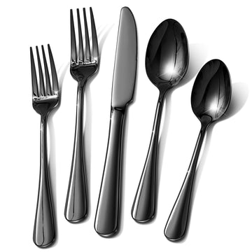60 Piece Silverware Set, Black Flatware Sets for 12 Food-Grade Stainless Steel Cutlery Utensils Include Spoon Knife