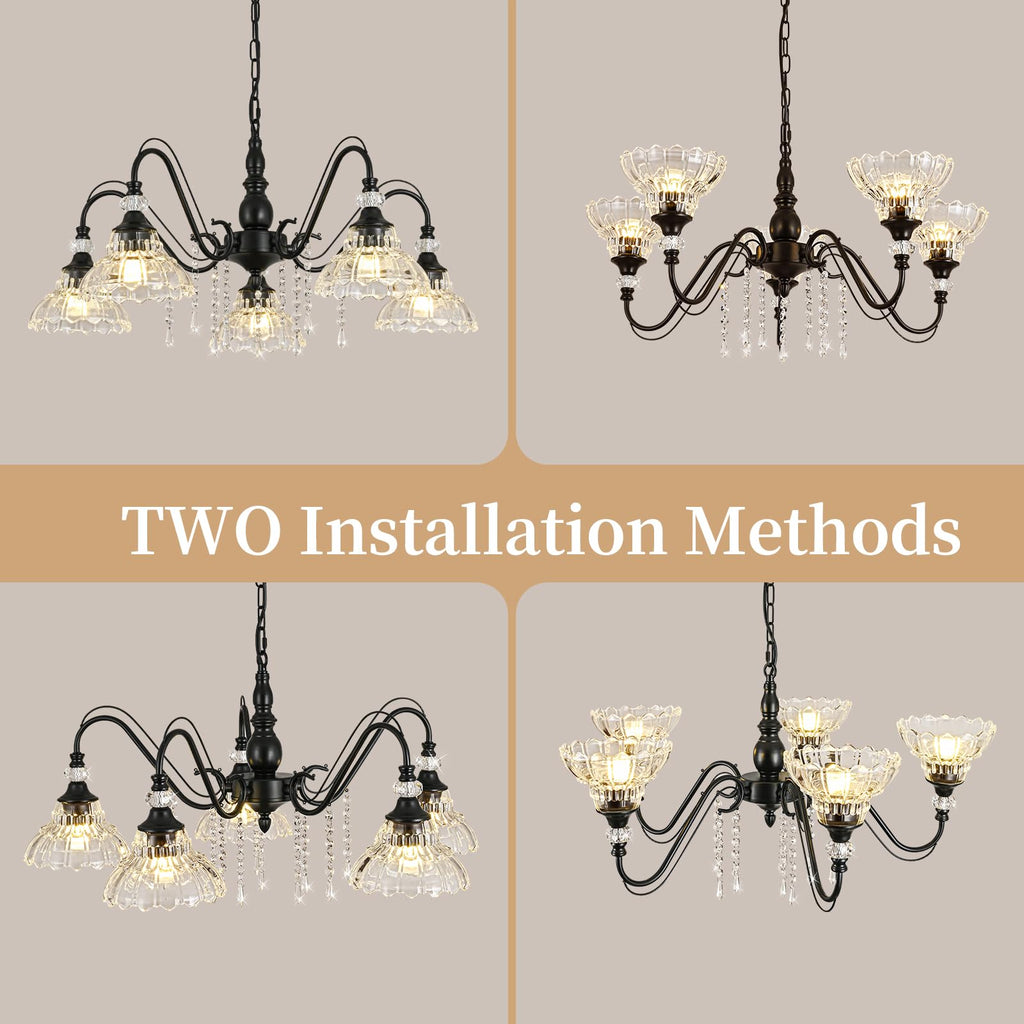 5-Light Chandelier in Matte Black Finish with Flower-Shaped Glass Shades and Hanging Crystal Accents, Farmhouse