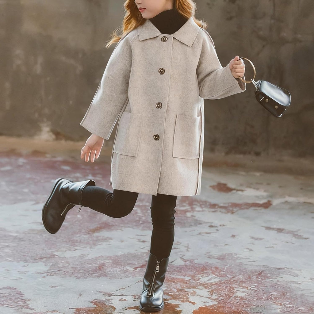 Girls Wool Trench Coat Single Breasted Dressy Windbreaker Jacket