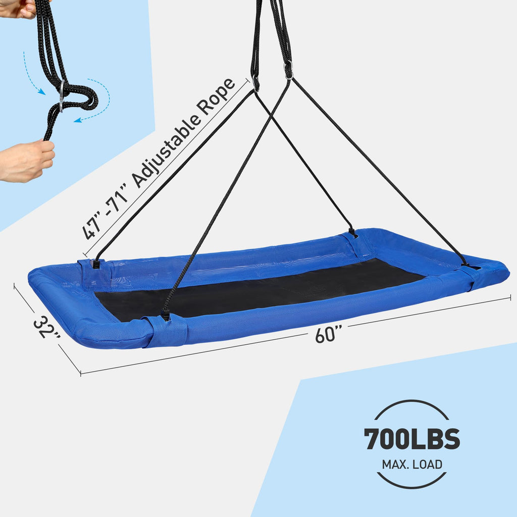 60" Large Platform Tree Swing for Kids, Rectangular Swings with Adjustable Rope, Durable Steel Frame, Easy to Assemble