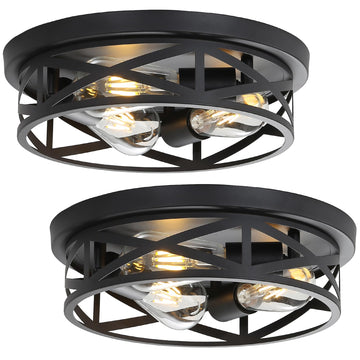 2 Pack Cage Ceiling Light Fixtures, 3-Light Farmhouse Close to Ceiling Lights with Metal, 13 Inch Vintage Ceiling