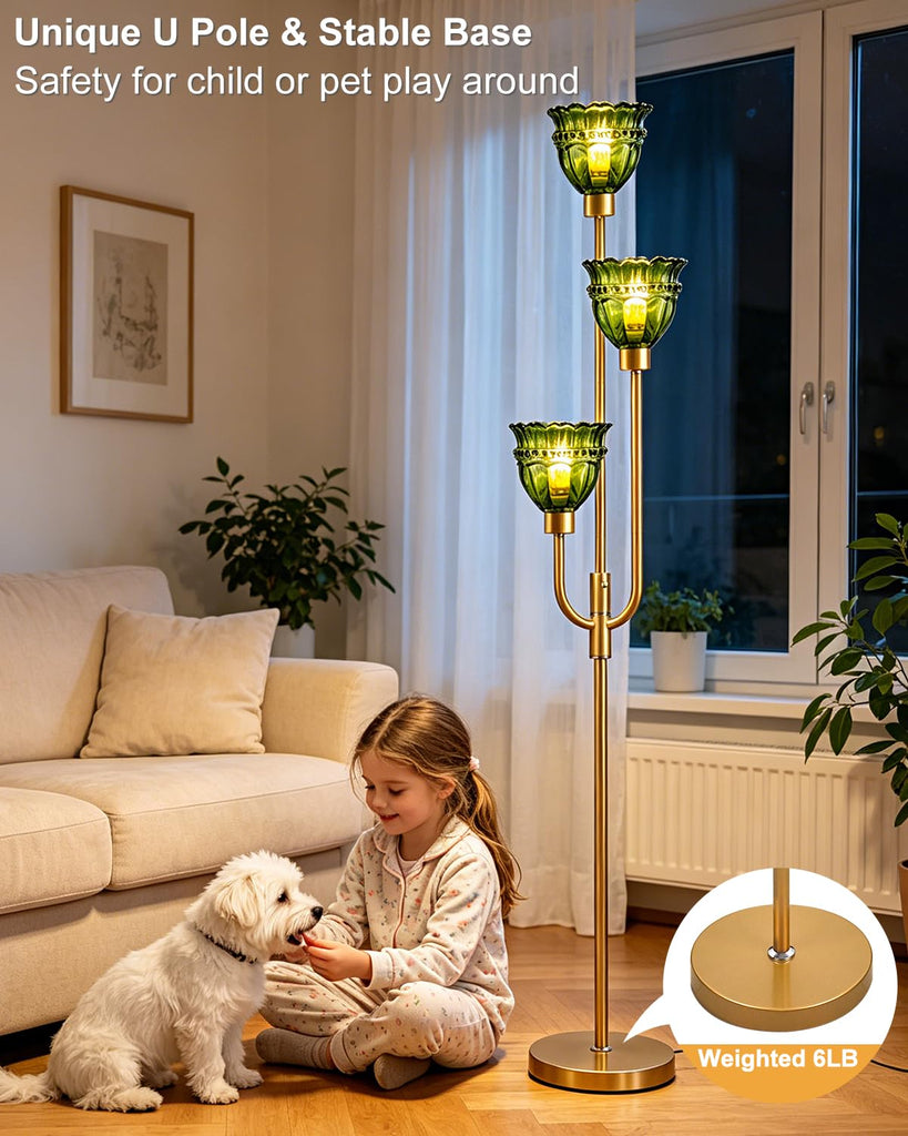 Green Glass Floor Lamp 66IN 3-Light Modern Gold Dimmable Tree Floor Lamps
