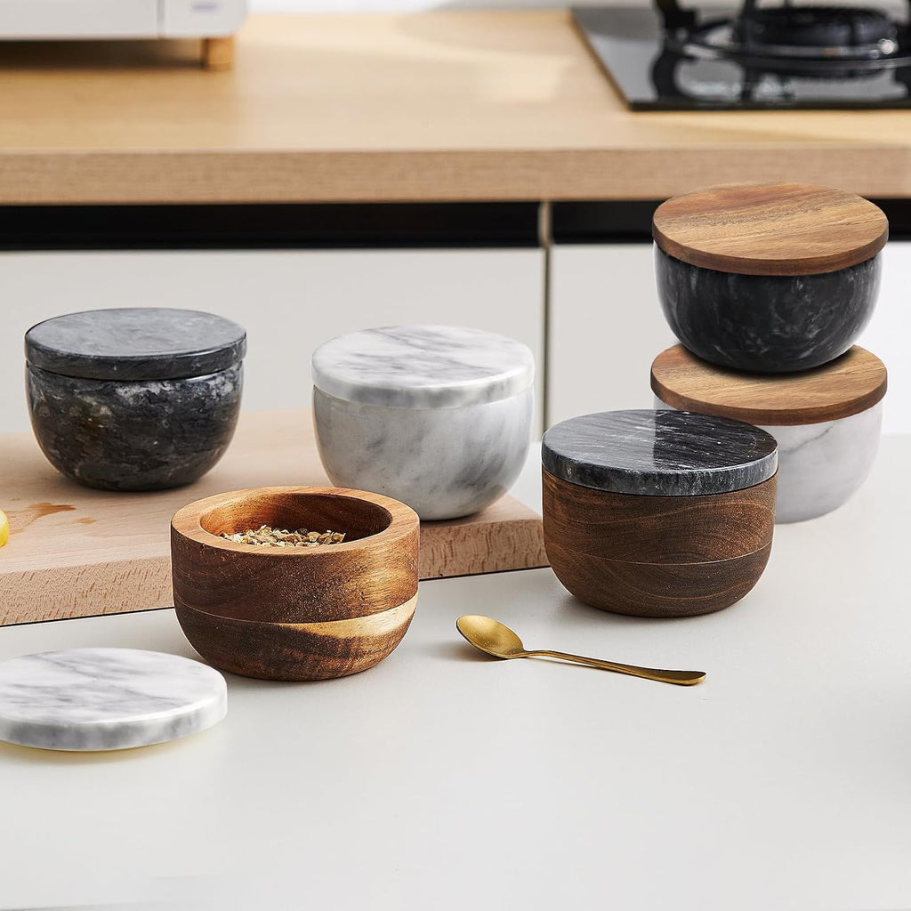 Acacia Wood Salt Cellar with white Marble Lid, 10oz Pinch Pot & Spoon