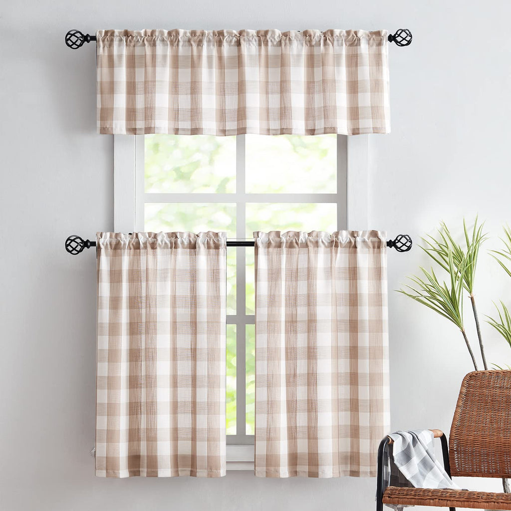 Plaid Kitchen Tier Curtains for Basement Laundry 27x24 Taupe White Check 2