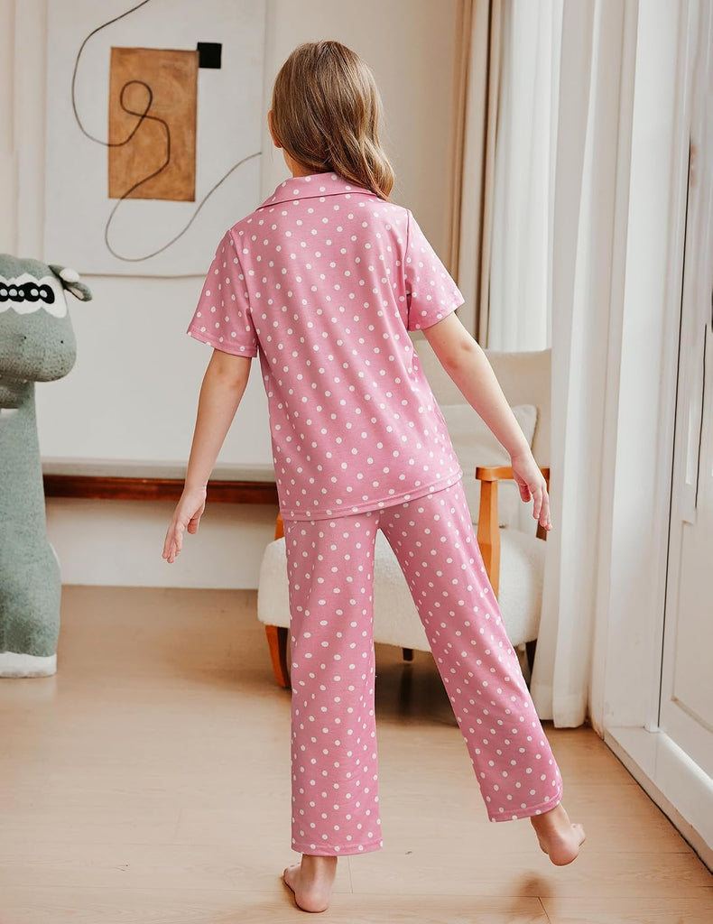 Pajamas for Girls Short Sleeve Long Pants Sleepwear Button Pjs Set