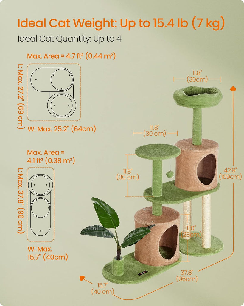 Cat Tree, 42.9-Inch Multi-Level Plush Cat Tower, Artificial Leaves