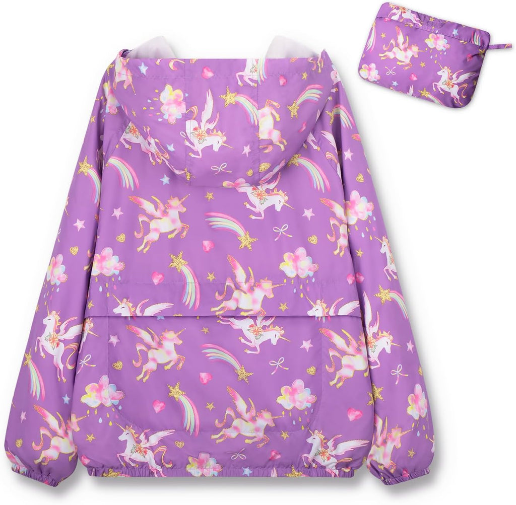 Girls Lightweight Hooded Jacket Kids Water-Resistant Windbreaker Printed Jacket