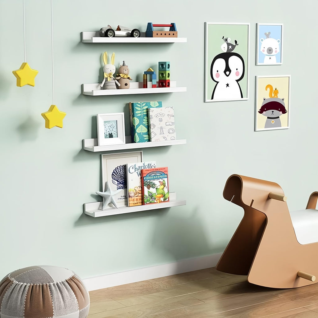 24 Inch Floating Nursery Wall Shelves, White Picture Ledge Shelf 4-Pack