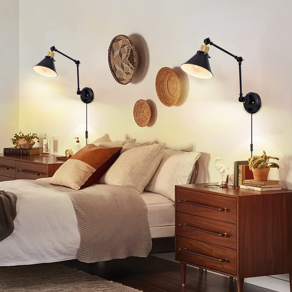 Wall Sconce Plug in, Dimmable Wall Sconce with Switch Swing Arm Wall Lights Plug in Wall Mounted Light Wall Sconces