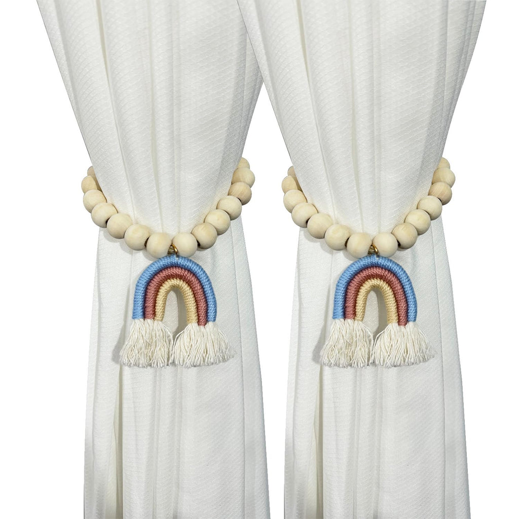 Wooden Beaded Curtain Tiebacks, Tassel Curtain Buckles Magnetic Curtain Buckles, Rainbow Tassel Curtain - 2 Pieces