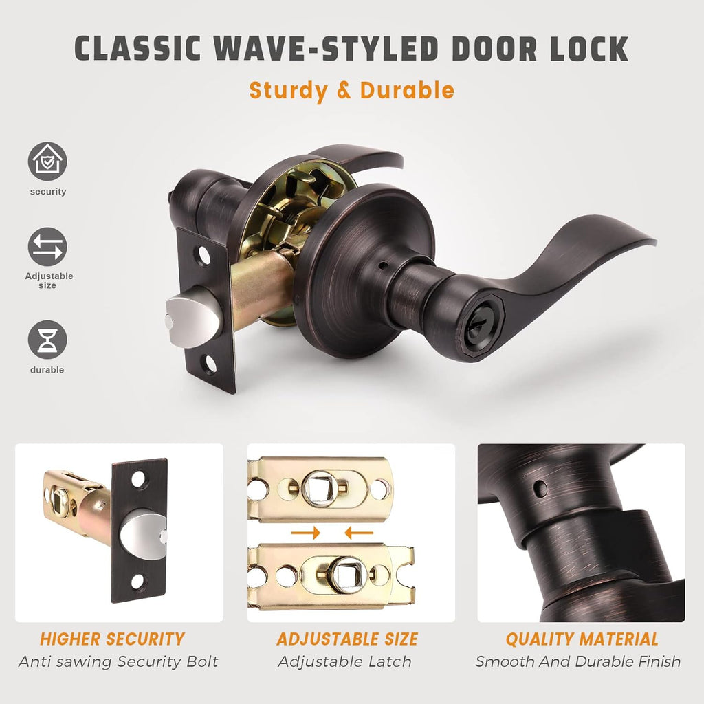 2 Pack Bronze Door Knobs, Exterior Door Handle Levers for Gate/Front Doors, Rubbed Brush Entry Door Handle with Lock