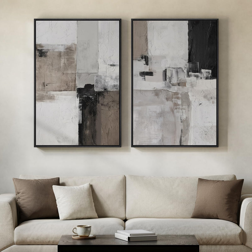 Framed Abstract Black and White Brown Wall Art, 24x36 Inch