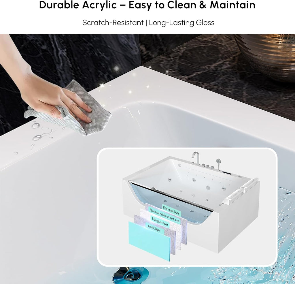 70.8" Whirlpool Bathtub with Thermostat Control, 2-Person Jetted Bathtub 3-Sided Apron Acrylic Soaking Tub, Lumbar