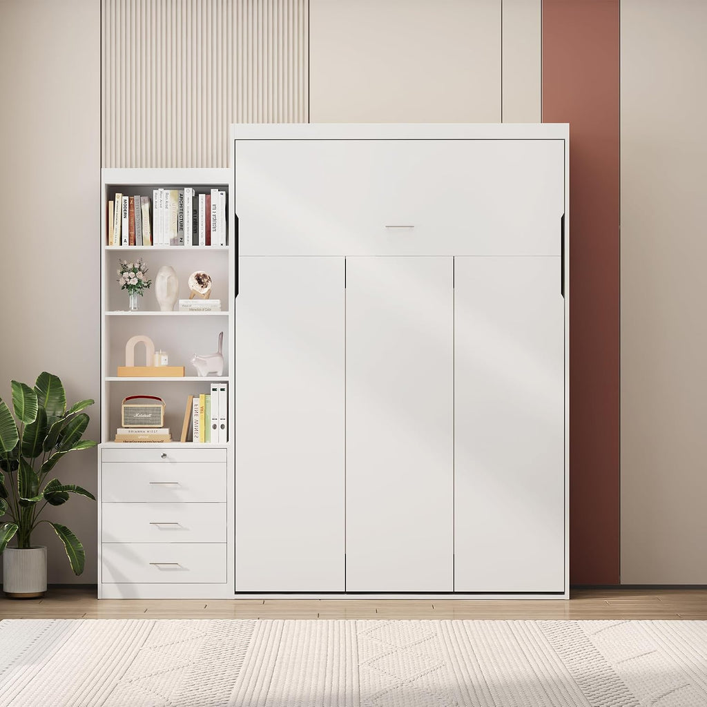 Full Murphy Bed, Morden Full Vertical Murphy Bed Frame with Shelf and Drawers, Wall Bed Hidden Bed Gas Struts, White