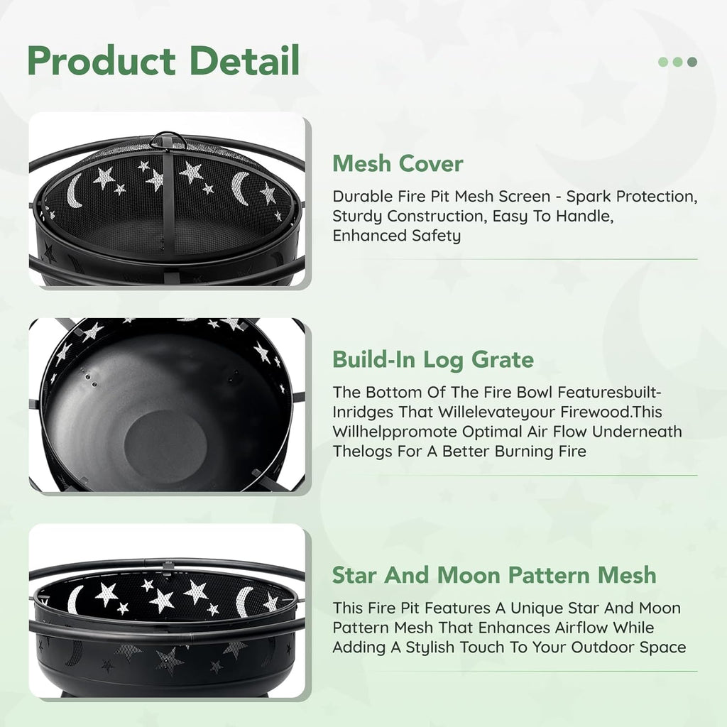 32 Inch Round Fire Pit with Mesh Cover, Fire Poker, Star and Moon Design, Metal Wood Burning Outdoor Firepit