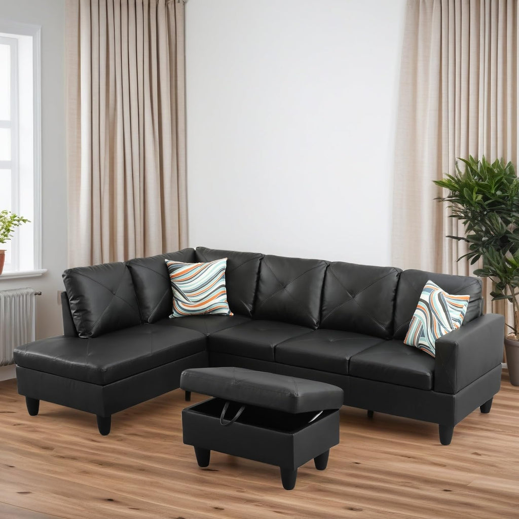 97" L-Shaped Sectional Sofa with Movable Chaise & Storage Ottoman, Leather 3-Piece Modular Convertible Couches, Black