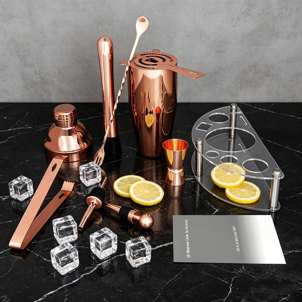 9-Piece Cocktail Shaker with Stand, 25oz Bartender Kit, Cocktail Shaker with Strainer Set, Bar Set Jigger - Set of 8