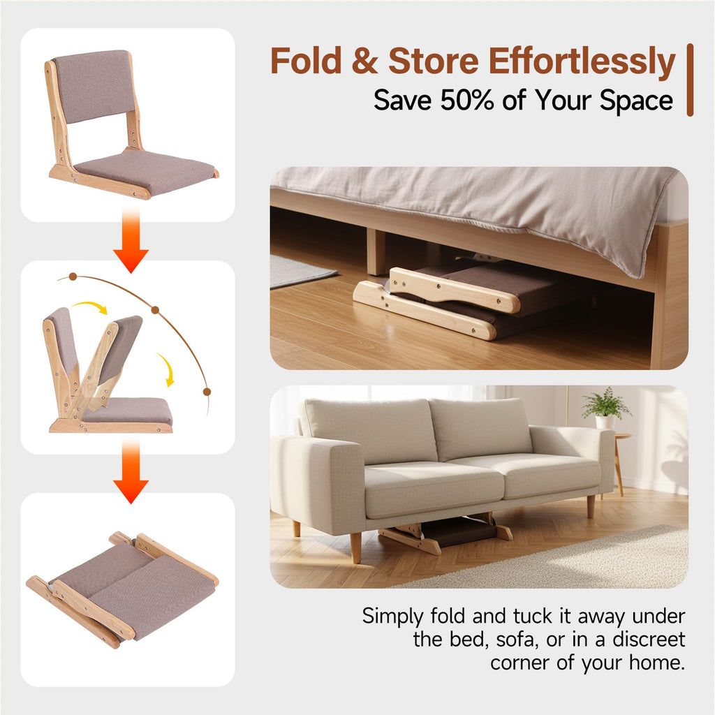 2-Pack Foldable Meditation Floor Chairs with Back Support, Wood Grey