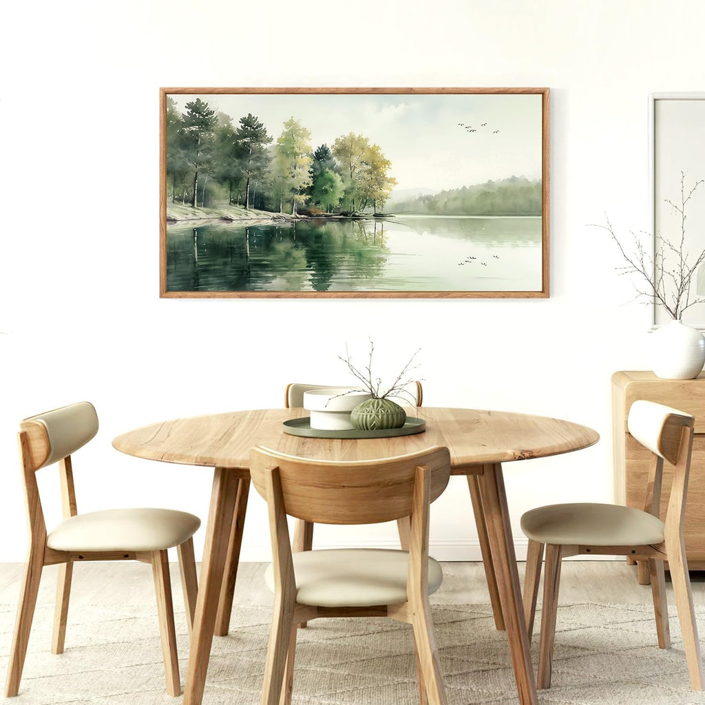 Framed Nature Canvas Wall Art Set,Misty Forest Wall Decor,Green Mountain Forest Pictures,Lake Water Painting set of
